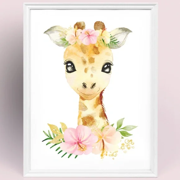Cute Floral Giraffe Watercolor Wall Art Print Poster Unframed - Picture 1 of 15